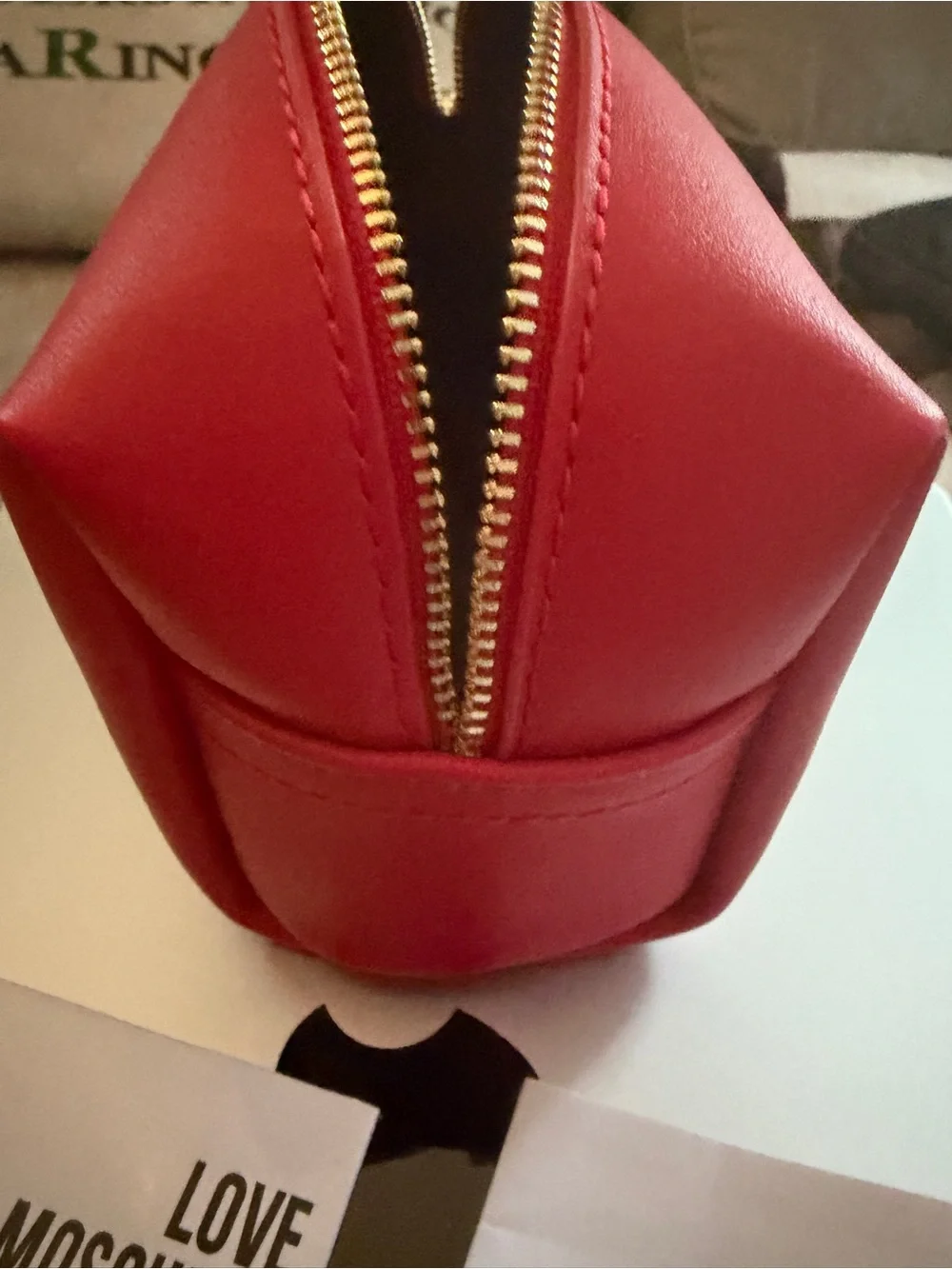 Moschino Red Cosmetic Pouch with Gold Heart and Logo